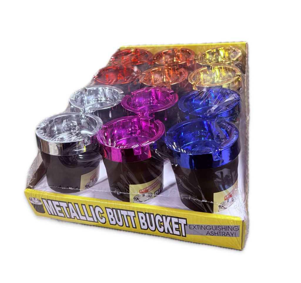 METALLIC ASSORTED COLORFUL BUTT BUCKET CAR ASHTRAY BOX OF 12