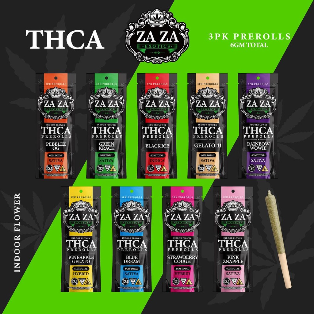ZAZA EXOTIC THCA 3PK PREROLLS 6G BOX OF 10