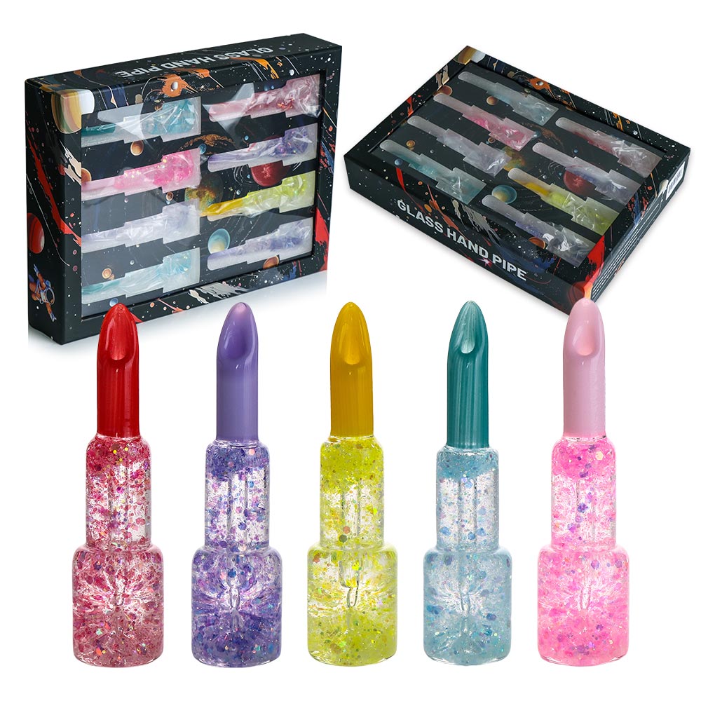 LIPSTICK GLITTER GLASS HAND PIPE ASSORTED COLORS 5" 8CT CTP058