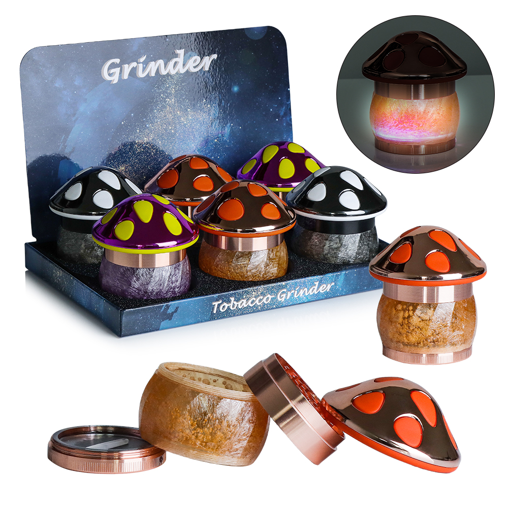 XY MUSHROOM TOBACCO GRINDER 3 PARTS LIGHTUP 6CT CHG063